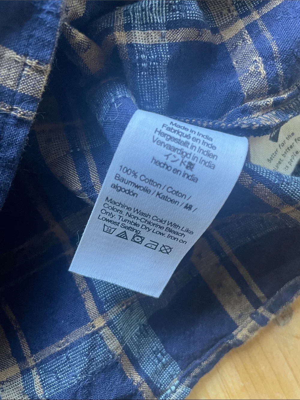 Madewell Navy and Tan Plaid Wrap Blouse with Puff Sleeves